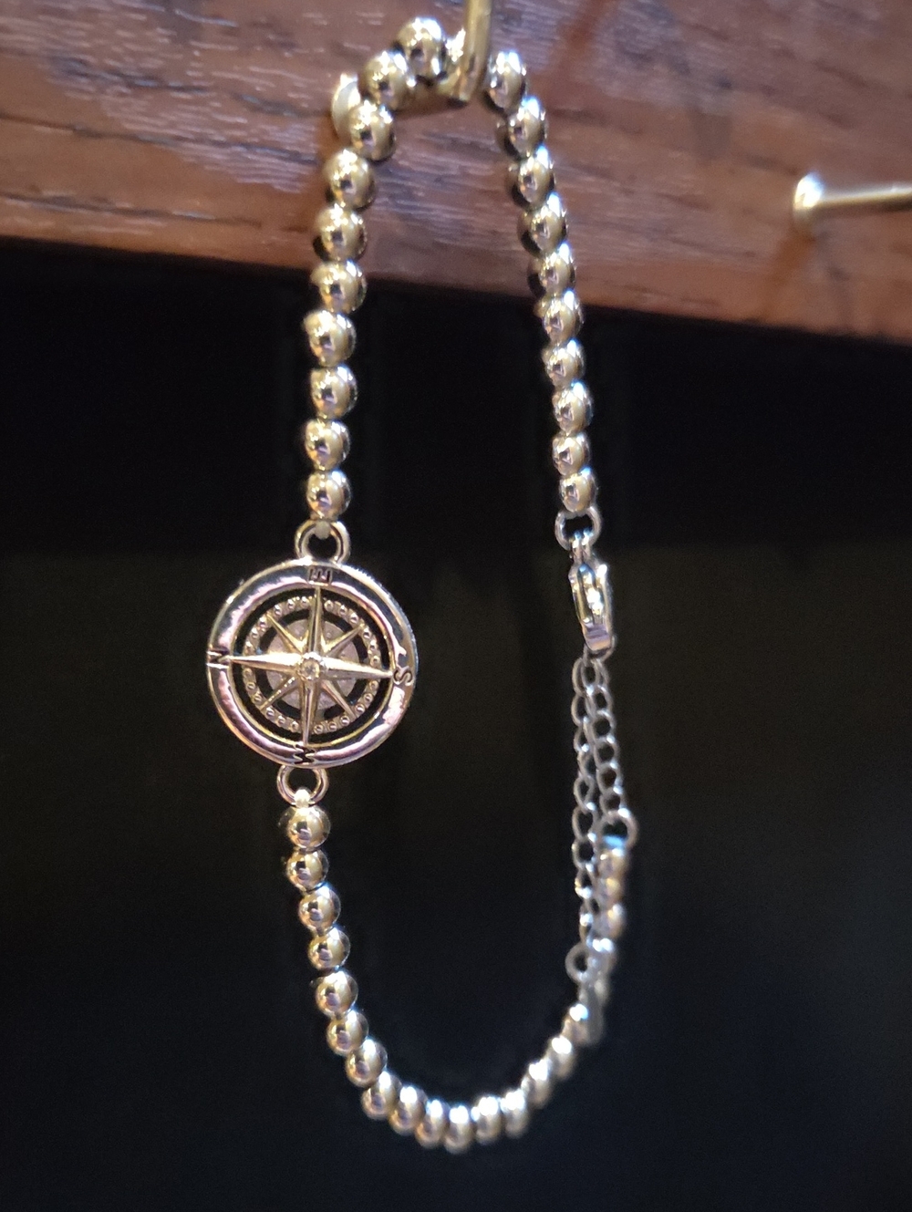 Silver Compass Charm Beaded Bracelet - Women